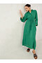 Green Crinkled Collared A-Line Maxi Dress with Drawstring Waist - 7