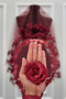 Burgundy Bridal Veil Set, 3D Flower and Pearl, Henna Night Veil Face Cover Set 6 Pieces - 6