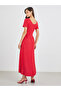 Women Red Plain V Neck A-Line Midi Dress with High Low Hem - 5
