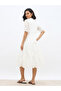 Women White Schiffli Puff Sleeves Tiered Midi Dress - 5