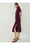 Burgundy Solid Knit Shift Midi Dress with Slit Detail - 5