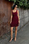 Women's Square Neck Thick Strap Hem Detailed Mini Dress Burgundy - 5