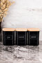 Set of 3 900ml Black Acrylic Tea Sugar Coffee Label Storage Container Storage Box with Wooden Vacuum Lid - 5