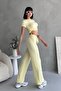 Side Gathered Seersucker Fabric Elastic Waist Pants Top and Bottom Set - 3