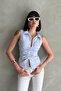 Zipped Detail Shirt Collar Sleeveless Bluz