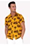 Black Pamelled Viscose Hawaiian Oversize Relaxed Fit Short Sleeve Loose Shirt on Mustard - 3