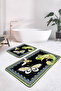 Set of 2 Non-Slip Base Washable Bath Mats with Green Chameleon and Butterfly on Black Background