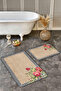 Black and White Checkered Edge with Pink Flowers on Beige Floor 2-Piece Non-Slip Base Washable Bathroom Mat Set - 3