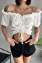 Madonna Collar Front Gathered Seersucker Fabric Short Sleeve Crop Blouse - 7