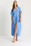 Women's Baby Blue V-Neck Linen Dress with Gold Button Detail 5266 60281107 - 3