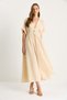 Women's Beige V-Neck Gold Button Detailed Linen Dress 5266 60281107 - 3