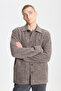 Men's Light Brown Oversize Wide Cut Classic Lapel Wool Gray Print Flannel Winter Shirt Jacket - 3