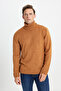 Men's Mustard Standard Fit Regular Cut Full Turtleneck Ruffled Soft Textured Knitwear Sweater