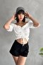 Madonna Collar Front Gathered Seersucker Fabric Short Sleeve Crop Blouse - 4
