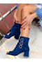 Ellas Dark Blue Suede Suet Buckle 5 cm Heel Sandals Summer Boots - 5