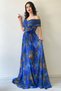 Women's Batik Print Patterned Tulle Evening Dress with Madonna Neckline Purple, Plum, Cobalt Blue, Green - 2