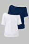Navy Blue and White 2-Pack Women's Low Shoulder Boat Neck Oversize T-Shirt