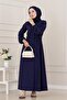 Elastic Waist Pocketed Yasmin Dress-Navy Blue - 3