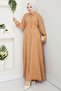 Women's Pocket Detailed Buttoned Belted Beige Linen Dress - 3