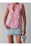 Women's Pink Luxury Quality Ruffled Sleeveless Transparent Shirt - 4