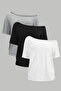 White Black Gray 3-Pack Women's Off Shoulder Boat Neck Oversize T-Shirt