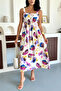 Women's Lilac Patterned Strappy Gipeli Cotton Premium Woven Dress with Inner Underskirt Lining - 6