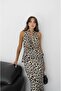 Leopard Patterned Satin Degaje Collar Blouse Skirt Suit - 7