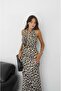 Leopard Patterned Satin Degaje Collar Blouse Skirt Suit - 6