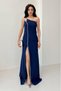 Navy Blue One Shoulder Chain Detailed Fish Evening Dress