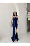 Navy Blue One Shoulder Chain Detailed Fish Evening Dress - 2