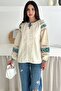 Women's Beige Ethnic Patterned Bohemian Embroidery Embroidered Tassel Cotton Blouse - 2