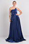 Women Strapless Shiny Satin Fabric Maxi Evening Dress 5785 Navy Blue