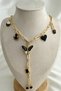 Gold Color Black Enamel Heart Butterfly Glasses Charm Detail Y Necklace - 2