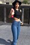 Hot Women's Medium Blue Lycra High Waist Spanish Leg Jeans