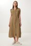 Belt Detailed Midi Linen Dress Ldp0069 Khaki