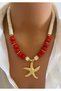 Handmade Red Bodrum Bead Sea Star Cream Turquoise Natural Stone Design Women's Necklace in Gift Box
