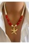 Handmade Red Bodrum Bead Sea Star Cream Turquoise Natural Stone Design Women's Necklace in Gift Box - 4
