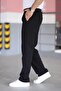 Double Pleated Black Color Half Elastic Waist Quality Relaxed Cut Knitted Baggy Trousers - 3