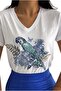 Women's White V-Neck Parrot Sequin Sequin Embroidered 100% Cotton T-Shirt Plus Size Xl-2Xl-3Xl - 4
