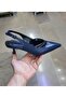 Women's 5 cm Thin Heel Galvanized and Stone Detailed Navy Blue Open Back Stiletto Mold Shoes