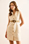 Women's Stone Jacket Collar Belted Pocket Mini Linen Dress Elb-19002517 - 3