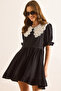 Women's Black Baby Collar Mini Draped Dress Elb-19002508