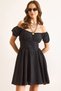 Women's Black Carmen Collar Waist Corsage Detailed Lined Mini Flared Dress Elb-19002513