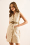 Women's Stone Jacket Collar Belted Pocket Mini Linen Dress Elb-19002517 - 7