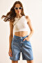 Women's Light Blue High Waist Denim Shorts with Pockets Shrt-19000073