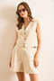 Women's Stone Top Lined Vest Bottom Pocket Shorts Set Tkm-19000415 - 3