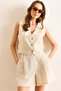 Women's Stone Top Lined Vest Bottom Pocket Shorts Set Tkm-19000415