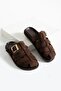 Patter Brown Suede Belt Buckle Detail Flat Sole Women's Slippers