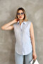 Zero Sleeve Light Blue Striped Cotton Linen Women's Shirt - 6