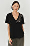 Black V-Neck Cotton Regular Knitted T-Shirt with Embroidery Detail